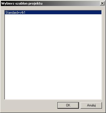 Wyświetli się lista dostępnych szablonów projektu: (Uwaga: Okno dialogowe może zawierać różne