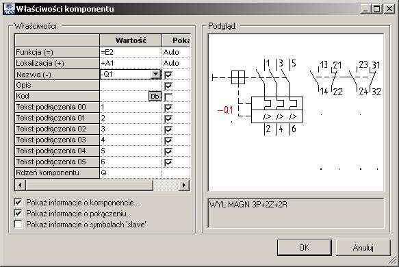 Wprowadzenie kodu i opisu Wprowadzić informacje o kodzie i funkcji tych trzech symboli: Tryb pracy: + Wykonać dwuklik na symbolu wyłącznik magneto-termiczny Q1.