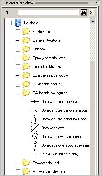 Tryb pracy: Przygotować SEE Electrical do użycia symboli: W oknie dialogowym projektu, kliknąć na zakładkę "Symbole Symbole": Wykonać dwuklik na bibliotece "Instalacje", lub kliknąć na znak plus z