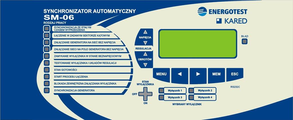 3.3. Tablica synoptyczna Synchronizator SM-06D-6 wyposażono w tablicę synoptyczną, umieszczoną na froncie urządzenia i ułatwiającą zwłaszcza pierwsze uruchomienie procesu synchronizacji automatycznej.