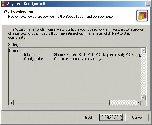 7. Asystent konfiguracji wyêwietli teraz okno wyboru, na którym zaznacz opcj Change the LAN configuration i kliknij przycisk Next>. 8.