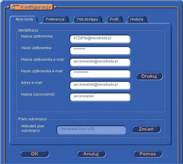 1. Moje konto Parametry identyfikacyjne profilu Oferta wybrana przez U ytkownika podczas
