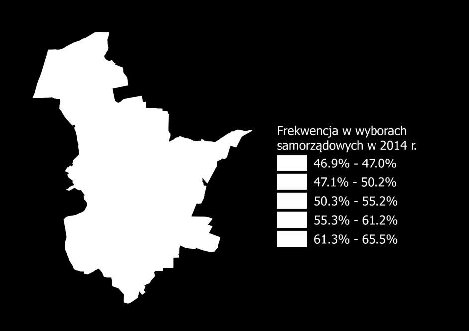 Rysunek 2. Frekwencja w wyborach samorządowych w 2014 roku Źródło: Opracowanie własne na podstawie danych Państwowej Komisji Wyborczej 3.