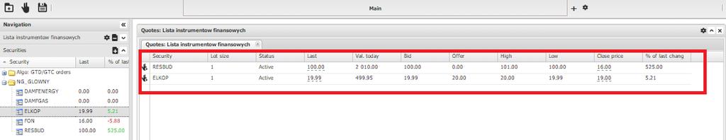 W nowej tabeli zatytułowanej Lista instrumentów finansowych pojawi się przeciągnięty wcześniej instrument finansowych z zakładki Securities.