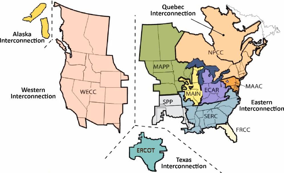 Rys. 2.1. Podział Ameryki Północnej wg obszarów elektroenergetycznych zarządzanych przez NERC zaczerpnięto z [10] [147] i Quebec) przy wykorzystaniu transformatorów VFT (ang.