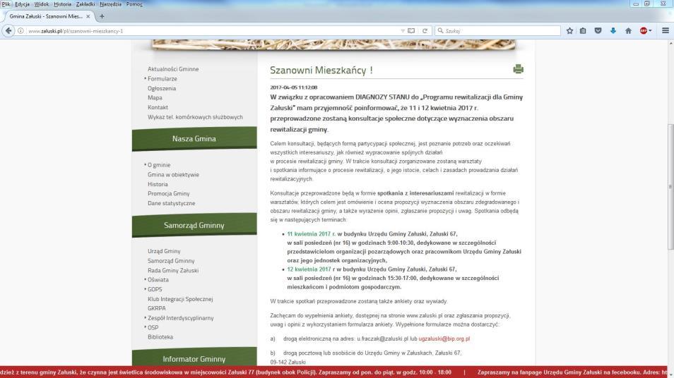 Rys. nr 2 Ogłoszenie konsultacji społecznych W trakcie konsultacji zorganizowane zostały warsztaty i spotkania informacyjne dla mieszkańców, przedsiębiorców, przedstawicieli organizacji pozarządowych