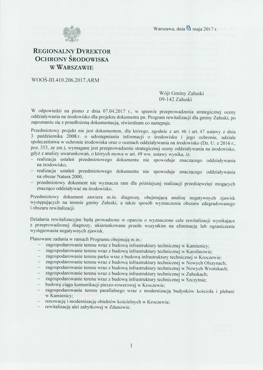 Załącznik nr 6 Pismo Regionalnego Dyrektora Ochrony Środowiska w Warszawie dotyczące