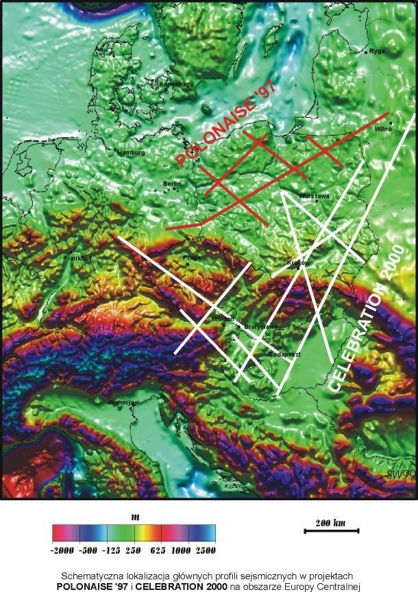 5 W ostatnich latach w Polsce wykonano głębokie sondowania sejsmiczne w ramach projektów Polonaise-97 oraz Celebration-2000 (rys. 10A i B).