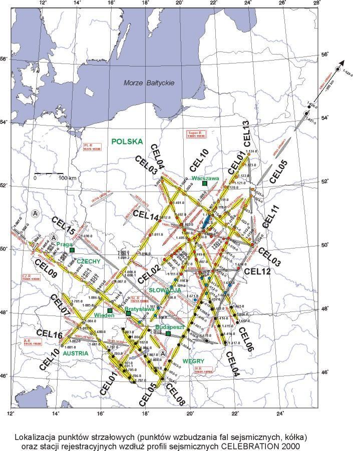 10 Głębokie sondowania sejsmiczne w ramach międzynarodowych projektów: A Polonaise 97, B Celebration 2000, C PolandSpan.