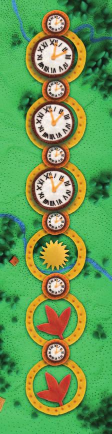 Upływ czasu W woreczku znajduje się sześć żetonów symbolizujących upływ czasu. Gdy taki żeton zostanie wylosowany podczas uzupełniania pustych pól na planszy, należy na chwilę przerwać grę.