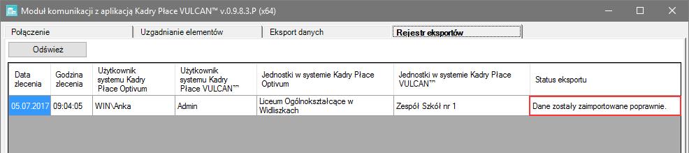 Migracja danych z programu Płace Optivum do aplikacji Płace VULCAN 5/6 14. Upewnij się, że dane zostały zaimportowane poprawnie, sprawdzając wpis w kolumnie Status eksportu). 15.