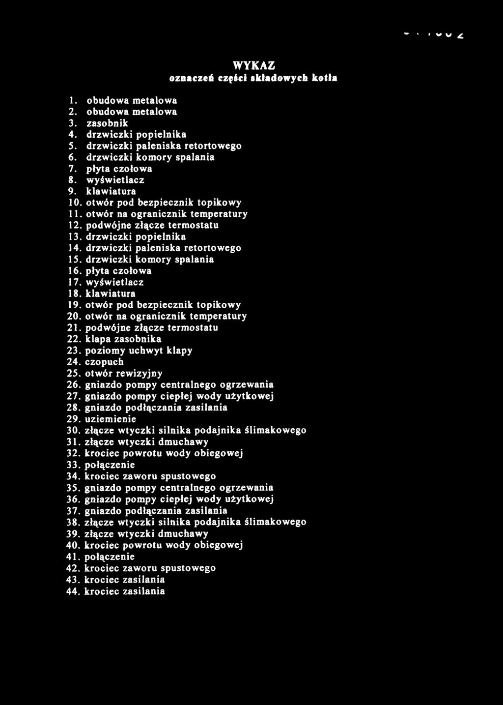 drzwiczki paleniska retortowego 15. drzwiczki komory spalania 16. płyta czołowa 17. wyświetlacz 18. klawiatura 19. otwór pod bezpiecznik topikowy 20. otwór na ogranicznik temperatury 21.