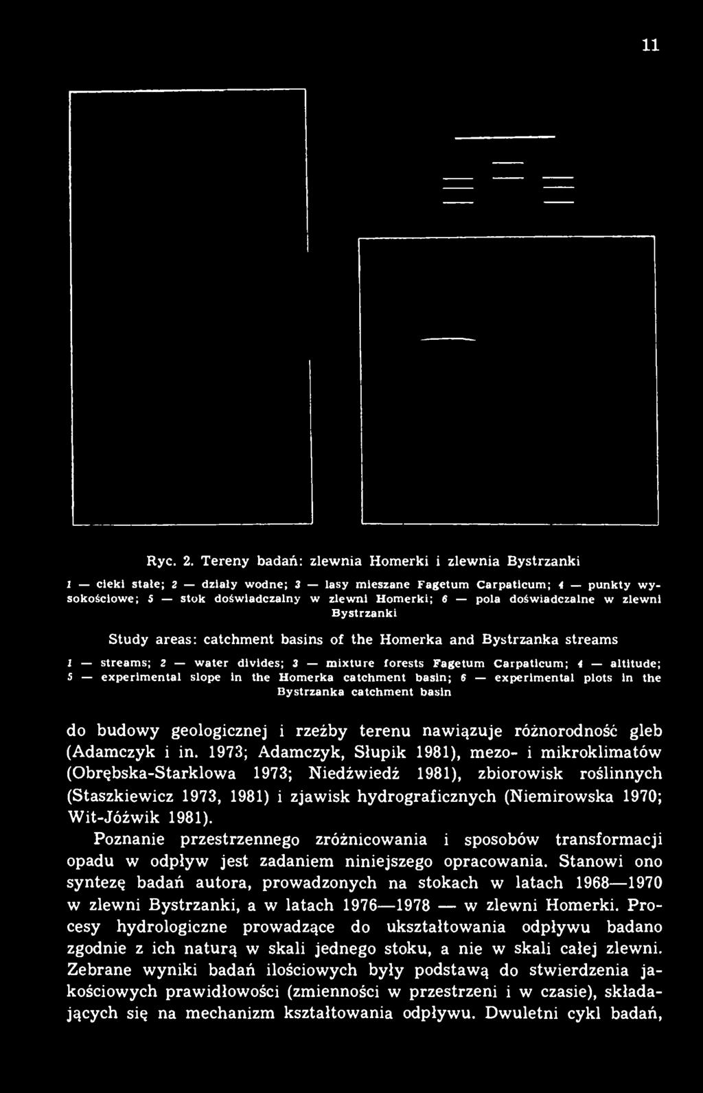doświadczalne w zlewni Bystrzanki Study areas: catchment basins of the Homerka and Bystrzanka streams 1 streams; 2 water divides; 3 mixture forests Fagetum Carpaticum; 4 altitude; 5 experimental
