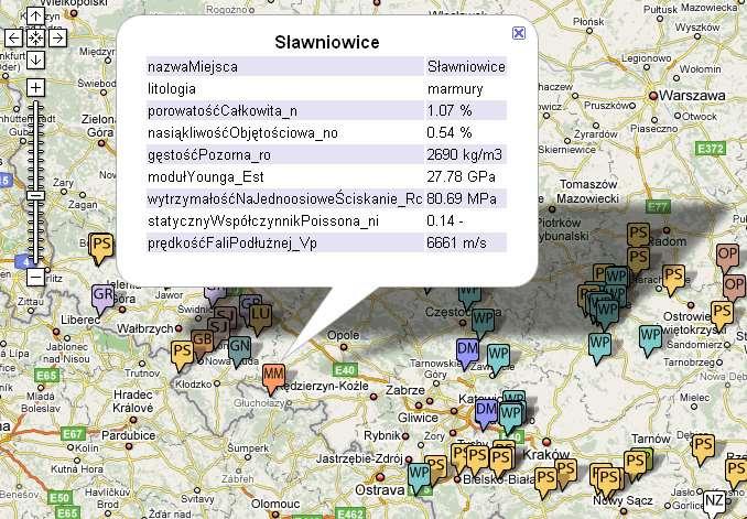 Google Maps pozwana na bardzo proste przypisanie dowolnej informacji do miejsca Dane geomechaniczne zapisane w pliku KML i przedstawione w oknie przeglądarki w