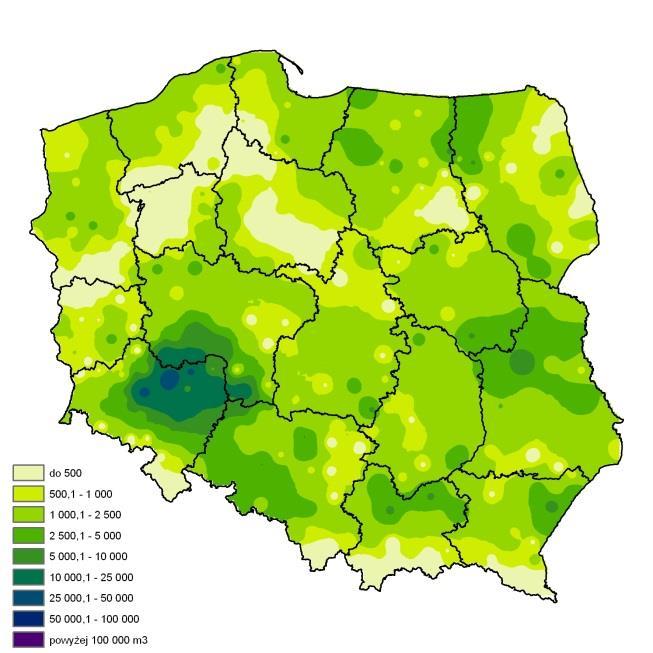 146 A B Rycina 7. Sumaryczna miąższość złomów i wywrotów (A) oraz drewna zasiedlonego przez szkodniki wtórne (B) usunięta z drzewostanów dębowych w latach 2004-2010 (dla nadleśnictw).