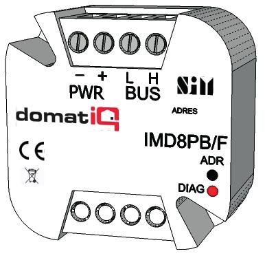 Katalog modułów SENSORY IMD8PB/F Moduł przyciskowy Moduł 8 wejść przyciskowych, do montażu w puszce instalacyjnej Ø 60 (puszka głęboka) Podłączony do magistrali systemu Domatiq umożliwia sterowanie