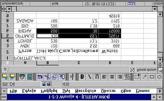 42 wiczenia z arkusza LOTUS 1-2-3 Rys. 40. Zaznaczony zakres komûrek B5..D6 w arkuszu litera.wk4 wiczenie 24 W arkuszu znajdujπcym sií w pliku o nazwie litera.