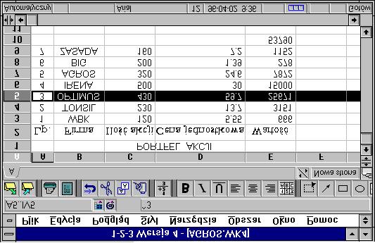 48 wiczenia z arkusza LOTUS 1-2-3 ObliczyÊ wartoúê zakupu. ZapisaÊ arkusz na dyskietce. Usuwanie wiersza i kolumny wiczenie 29 Usuwanie wiersza. OdczytaÊ arkusz z pliku agros.wk4.