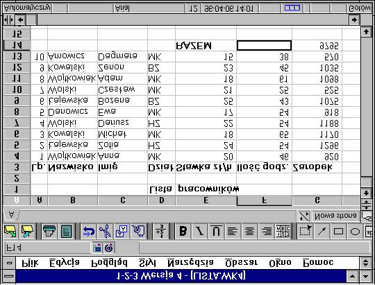 56 wiczenia z arkusza LOTUS 1-2-3 Rys. 56. Lista pracownikûw w arkuszu lista.wk4 ObliczyÊ sumí zarobkûw wszystkich pracownikûw w pozycji RAZEM. W tym celu naleøy: ZaznaczyÊ komûrkí G14.