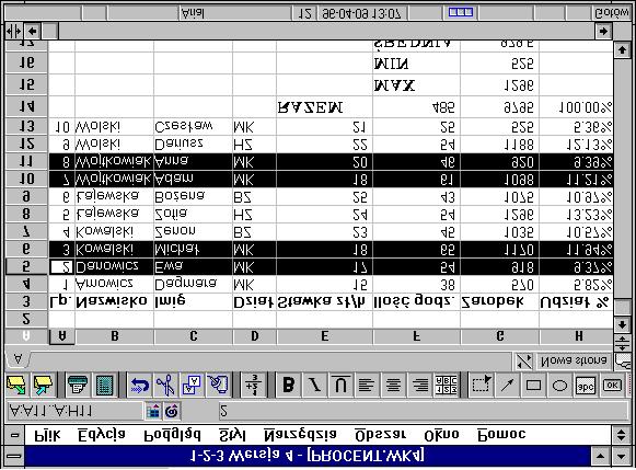 74 wiczenia z arkusza LOTUS 1-2-3 W oknie dialogowym Odszukaj Rekordy wybraê w okienku Pole nazwí Dzia. W okienku WartoúÊ wybraê MK. WybraÊ opcjí I. WprowadziÊ drugi warunek (Zarobek>900).