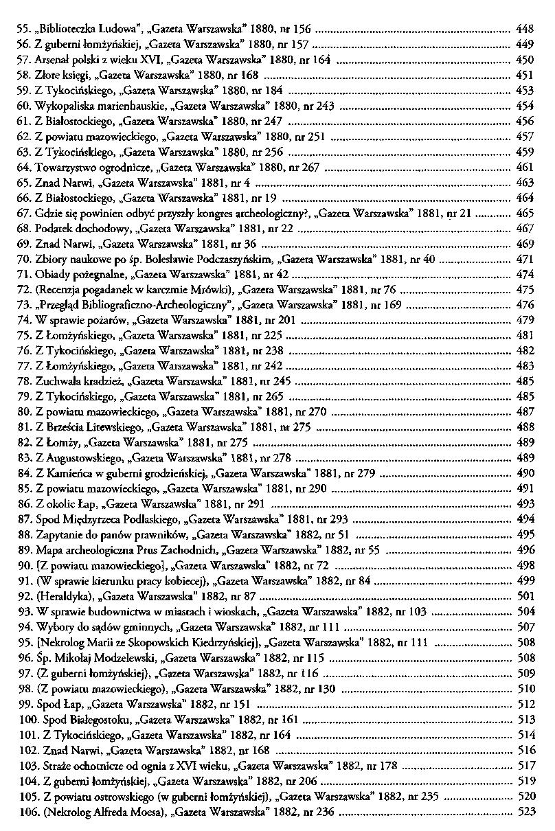 55. Biblioteczka Ludowa", Gazeta Warszawska" 1880, nr 156 448 56. Z guberni łomżyńskiej, Gazeta Warszawska" 1880, nr 157 449 57. Arsenał polski z wieku XVI, Gazeta Warszawska" 1880, nr 164 450 58.