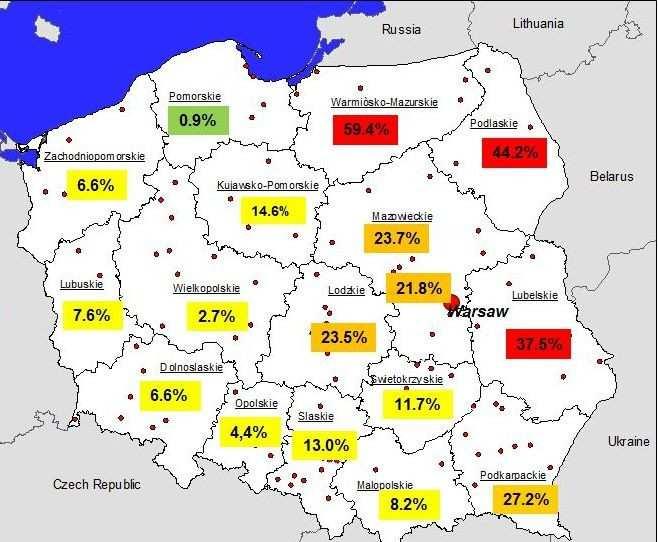 Rysunek 7: Udział w rynku poszczególnych województw papierosów z nielegalnych źródeł w 2014 roku Źródło: Money.pl, 2015 Na rysunku 7.