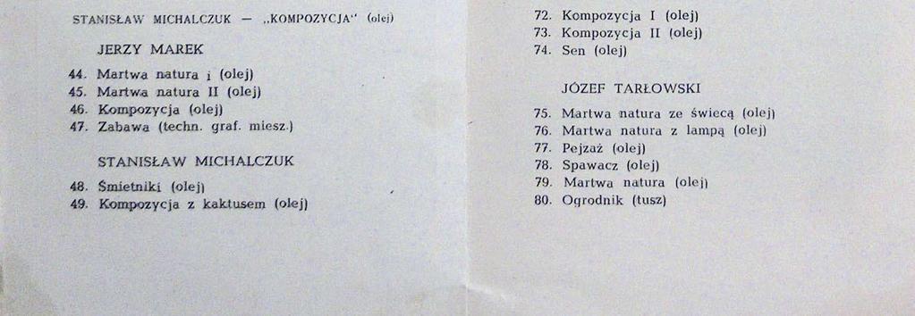 50. Nasturcje (olej) 51. Kompozycja (olej) 52. Pieta (olej) 53. Pisanie na maszynie (lusz) 54. Architektura (tusz) 55. Kompozycja I (tusz) 56. Kompozycja II (tusz) 57.