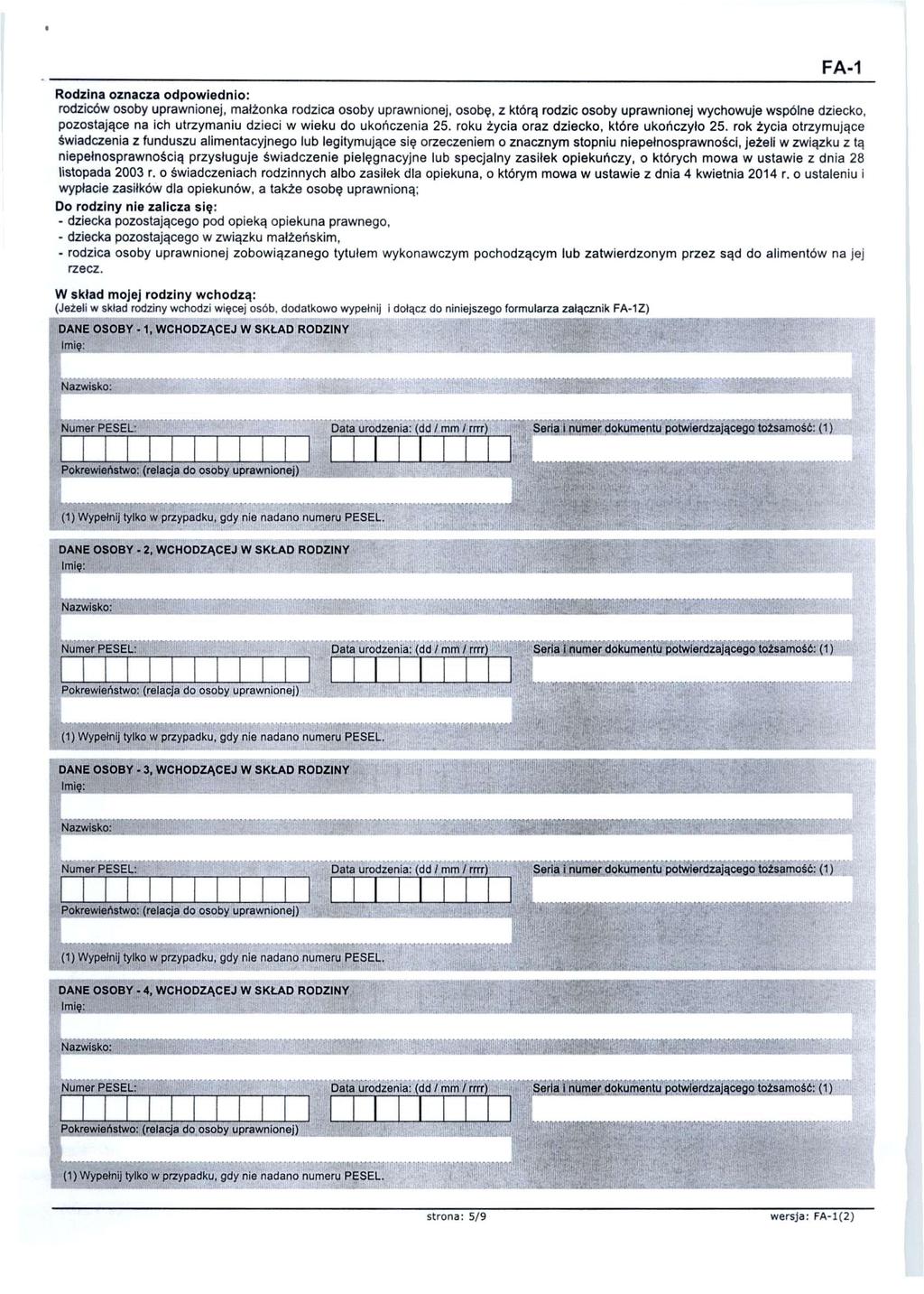 FA-1 Rodzina oznacza odpowiednio: rodziców osoby uprawnionej, małżonka rodzica osoby uprawnionej, osobę, z którą rodzic osoby uprawnionej wychowuje wspólne dziecko, pozostające na ich utrzymaniu