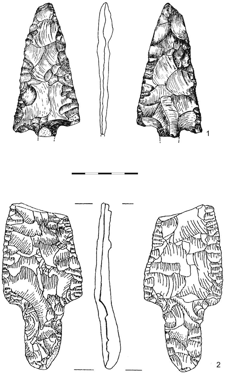 Ryc.5: 1. Płoszcze z Łężkowic - za Jodłowski 1967; 2. płoszcze z Wojnicza - za Szpunar 1994 Fig. 5. 1. Flat flint spearhead from Łężkowice (after Jodłowski 1967); 2.