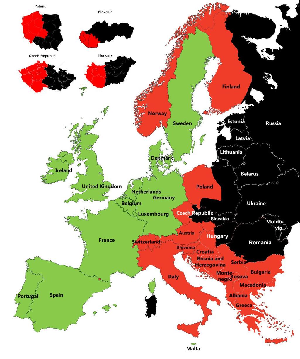 wschodnie Czechy, wschodnie Węgry, Estonia, Litwa, Łotwa, Białoruś, Ukraina, Rumunia,