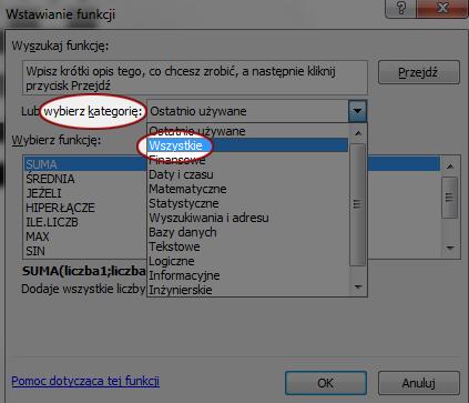 Po ukazaniu się okna opcji Wstawianie funkcji