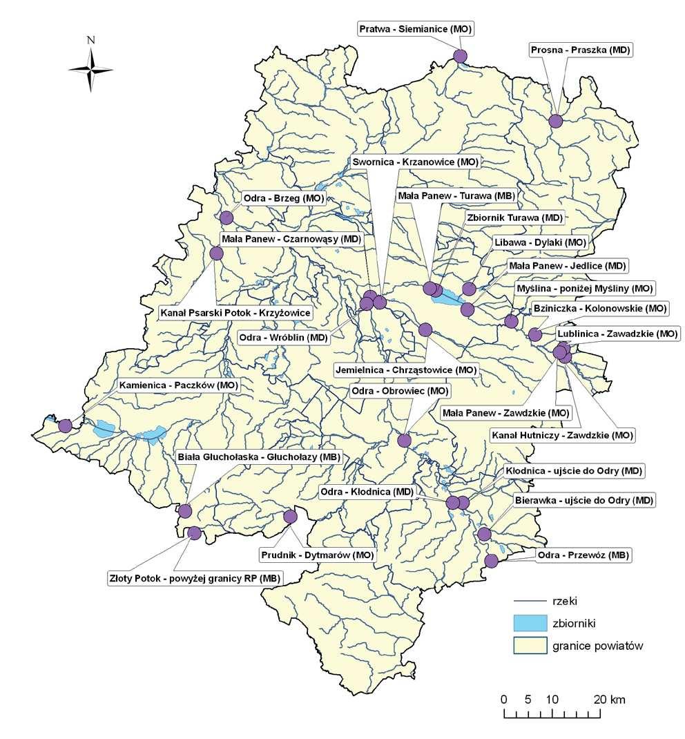 Rysunek 14 Lokalizacja punktów pomiarowo-kontrolnych województwa opolskiego monitoringu wód powierzchniowych (źródło: WIOŚ) Analizując wyniki moŝemy stwierdzić, iŝ w punkcie pomiarowym monitoring