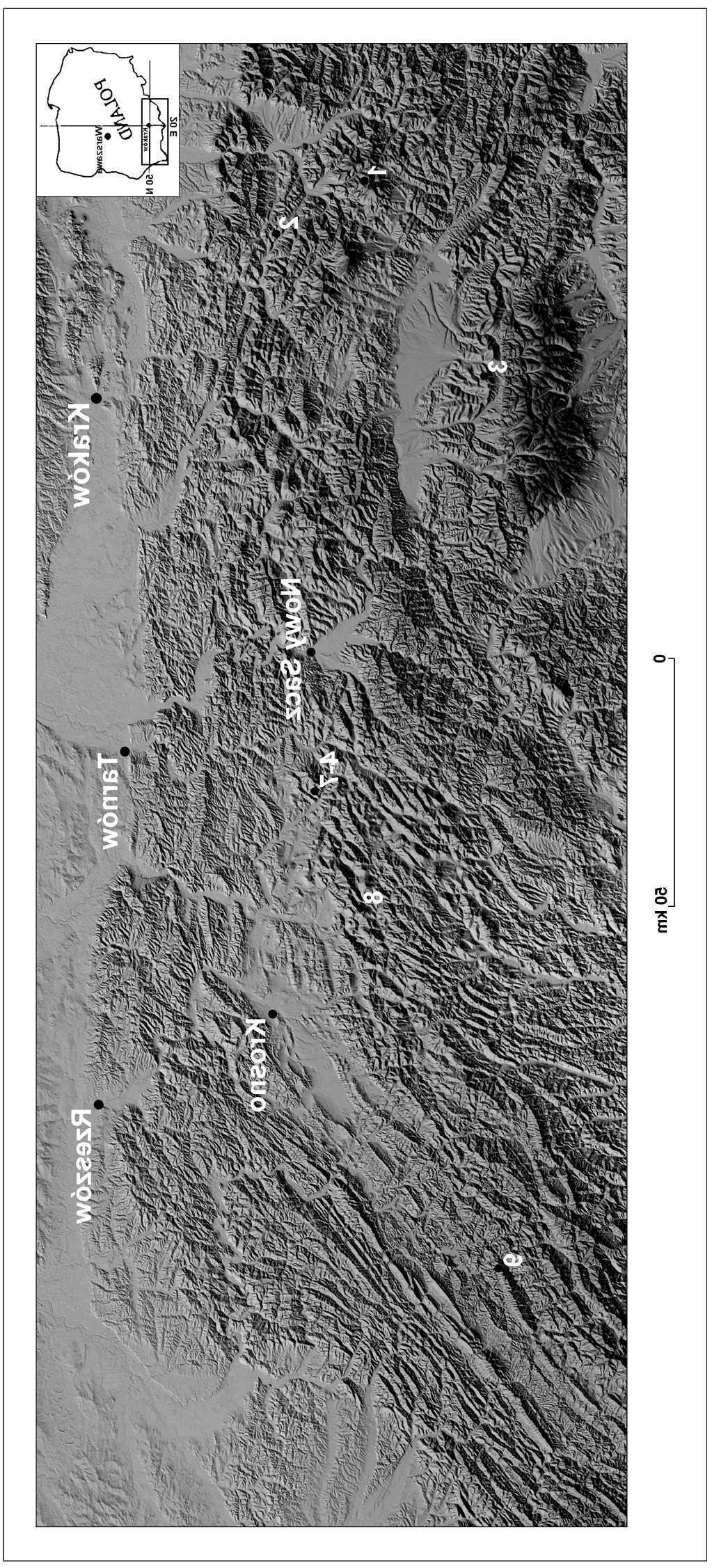 Fig. 1. Location of selected landslides at the background of the relief of the Carpathians. Fragment of DTM of Poland (Silesian University). Landslides: 1 landslides on Pilsko (Beskid Żywiecki Mts.