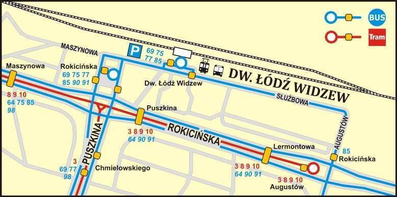 Dojazd do Dworca Łódź Widzew Stan obecny Linie autobusowe bezpośrednie: 69, 69A, 69B, 75, 77, 85, 85A.