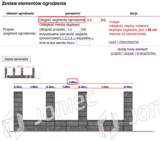 Rys. 32 Odległość między słupkami oznacza odstęp jaki chcesz uzyskać pomiędzy słupkami. Podana odległość jest zachowana dla wszystkich przestrzeni między słupkowych, poza ostatnim przęsłem [Rys.33].