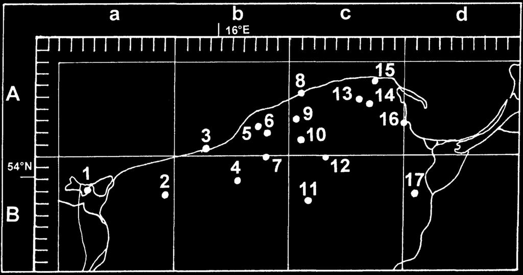 Ryc. 1. Rozmieszczenie badanych prób Plantago lanceolata L. Fig. 1. Distribution of the studied samples of Plantago lanceolata L. 1. długość torebki 2. szerokość torebki 3.
