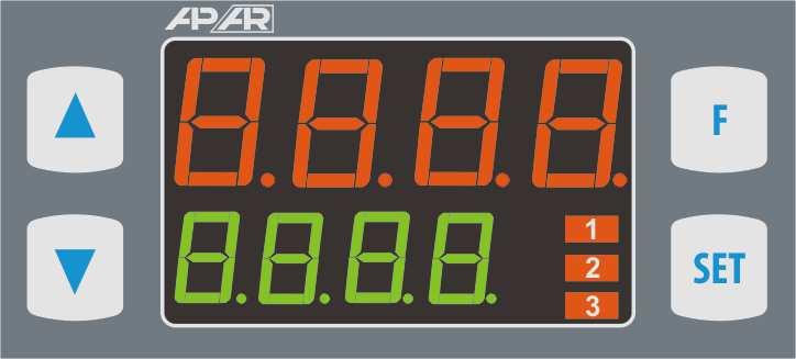9. DESCRIPTION OF BUTTONS AND SIGNAL LED INDICATORS Description the front elevation for example AR652 7-segment LED display programming buttons LED indicators a) functions of buttons in the