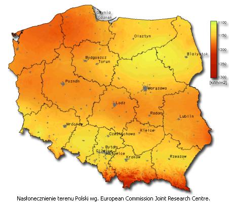 NASŁONECZNIENIE POLSKI Roczna średnia wartość sum nasłonecznienia w Polsce wynosi około 1600 godzin.