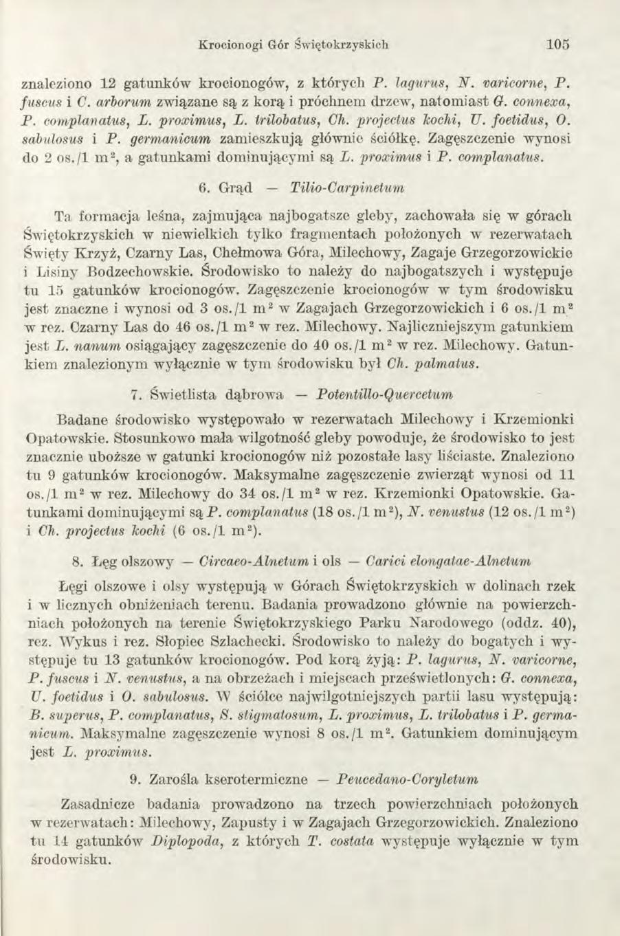 Krocionogi Gór Świętokrzyskich 105 znaleziono 12 gatunków krocionogów, z których P. lagurus, N. varicorne, P. fuscus i C. arborum związane są z korą i próchnem drzew, natom iast G. connexa, P.