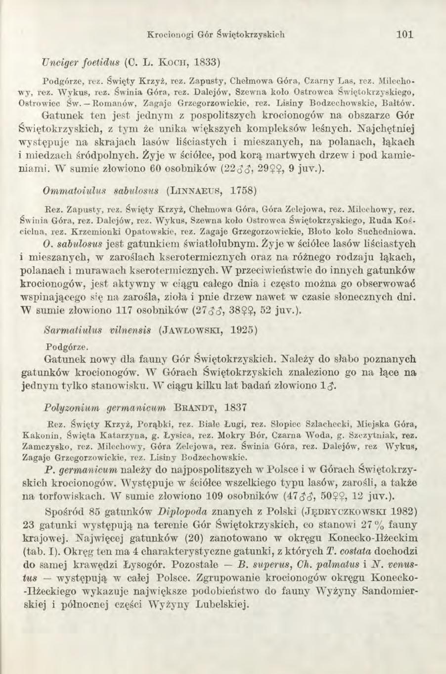 Krocionogi Gór Świętokrzyskich 1 0 1 TJnciger foetidus (C. L. K o ch, 1833) Podgórze, rez. Święty Krzyż, rez. Zapusty, Chełmowa Góra, Czarny Las, rez. Milechowy, rez. W ykus, rez. Świnia Góra, rez.