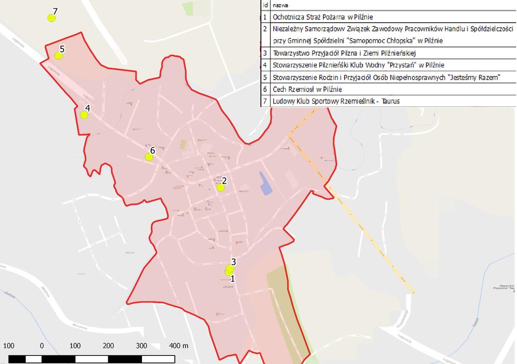 Mapa 3 Rozmieszczenie organizacji pozarządowych w granicach wyznaczonego obszaru rewitalizacji i na terenie Miasta Pilzno w