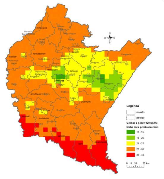 Należy jednak zauważyć, że obszar przekroczeń dopuszczalnego poziomu obejmował swym zasięgiem obszar znacznej części województwa podkarpackiego, z wyjątkiem powiatu jarosławskiego, przeworskiego,