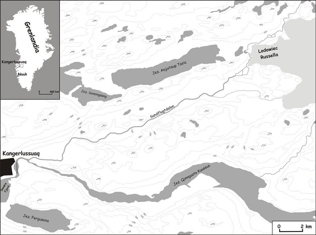 Rzeźba terenu oraz osady strefy marginalnej lodowca Russella (zachodnia Grenlandia) 197 Ryc. 1. Rejon Søndre Strømjord i lodowiec Russella (zachodnia Grenlandia) Źródło: opracowanie własne.
