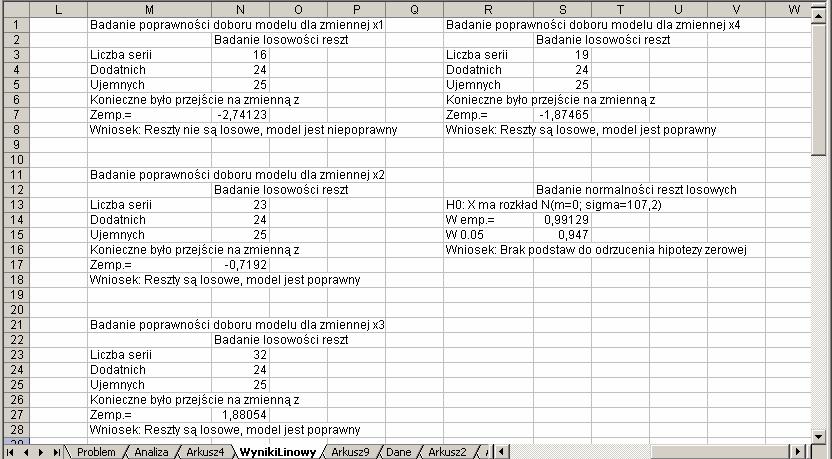 70 arkusza pokazujący wyniki badania założeń (dane z kolumn R-U oryginalnie były ustawione w kolumnach M-P).
