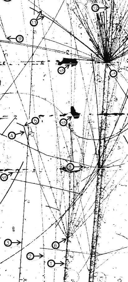 (1) - Punkt oddziaływania neutronu, tzw. "gwiazda neutralna". (11) - Tory cząstek: lekkiej i szybkiej - prosty i jasny; ciężkiej i powolnej - zakrzywiony i ciemny.