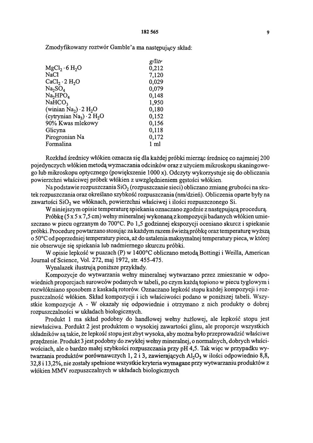 182 565 9 Zmodyfikowany roztwór Gamble a ma następujący skład: g/litr MgCl2 6 H2O 0,212 NaCl 7,120 CaCl2 2 H2O 0,029 Na2SO4 0,079 Na2HPO4 0,148 NaHCO3 1,950 (winian Na2) 2 H2O 0,180 (cytrynian Na3) 2