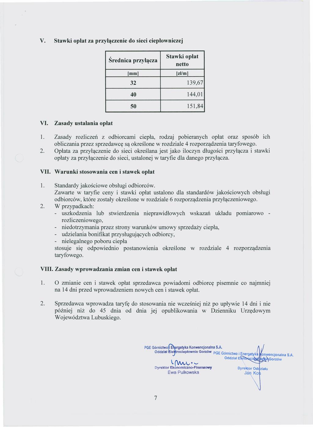 V. Stawki opłat za przyłączenie do sieci ciepłowniczej Średnica przyłącza [mm] Stawki opłat [zł/m) 32 139,67 40 144,01 50 151,84 VI. Zasady ustalania opłat 1.