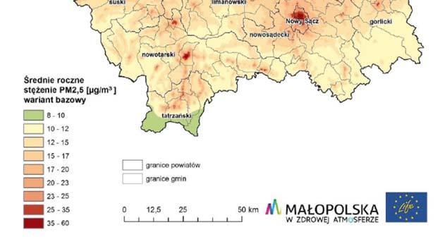 Rozkład stężeń średniorocznych benzo(a)pirenu w roku bazowym 2015