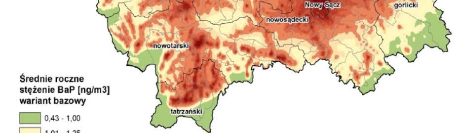 Rozkład stężeń średniorocznych pyłu PM2,5 w roku bazowym 2015
