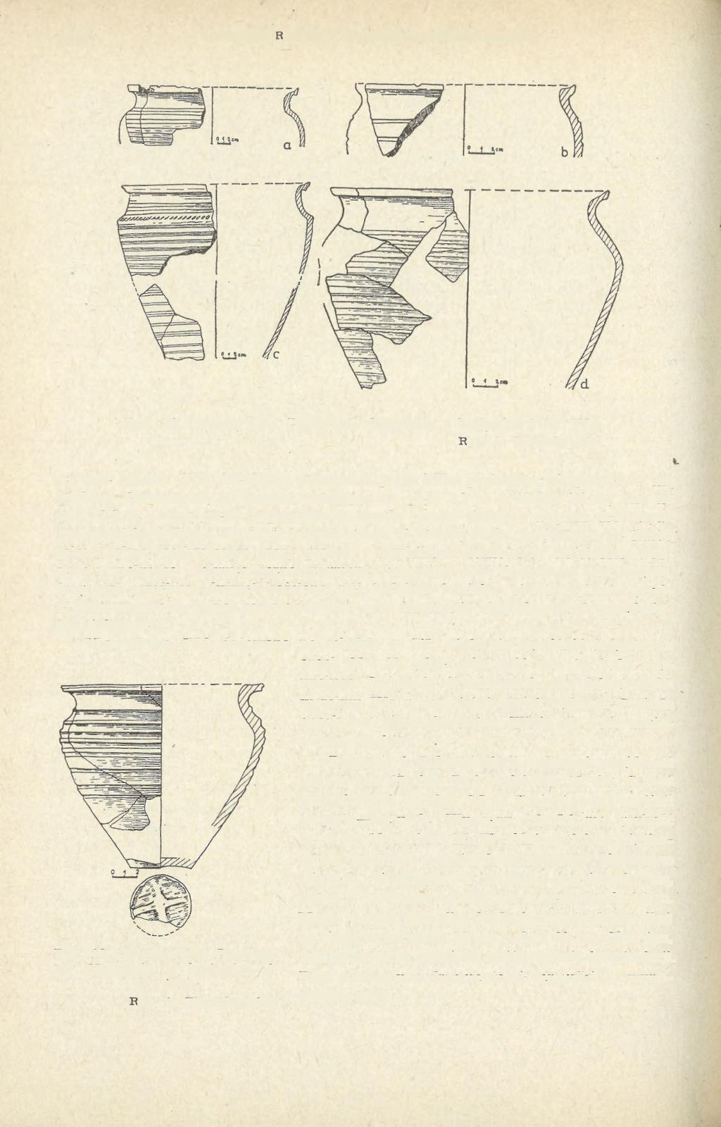 210 JADWIGA RAUHUT, STANISŁAW SUCHODOLSKI Ryc. 12. Czersk, pow. Piaseczno. Ceramika z budynku 2 (w. IVc) na arze 18, ćw. C, D. Częściowo zniszczona przez kilka poziomów wkopanych w nią grobów.